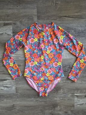 Kids Floral Long Sleeve One-Piece Swimsuit - Pink Multi Size Large 10/12
